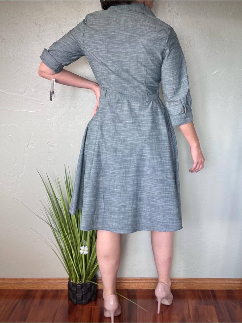 Sharagano Dusty Blue Tie-Waist Button Front Midi Shirt Dress with Pockets - Picture 4 of 8